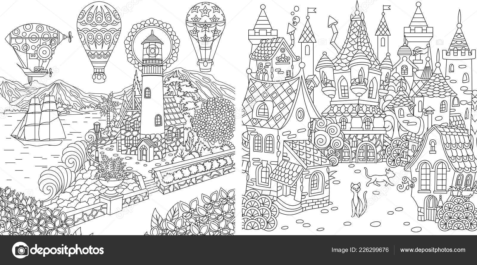 Coloring pages coloring book adults colouring pictures light house fairy stock vector by sybirko
