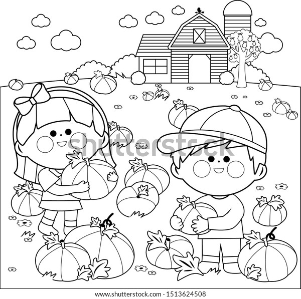 Children farm picking pumpkins pumpkin patch stock vector royalty free
