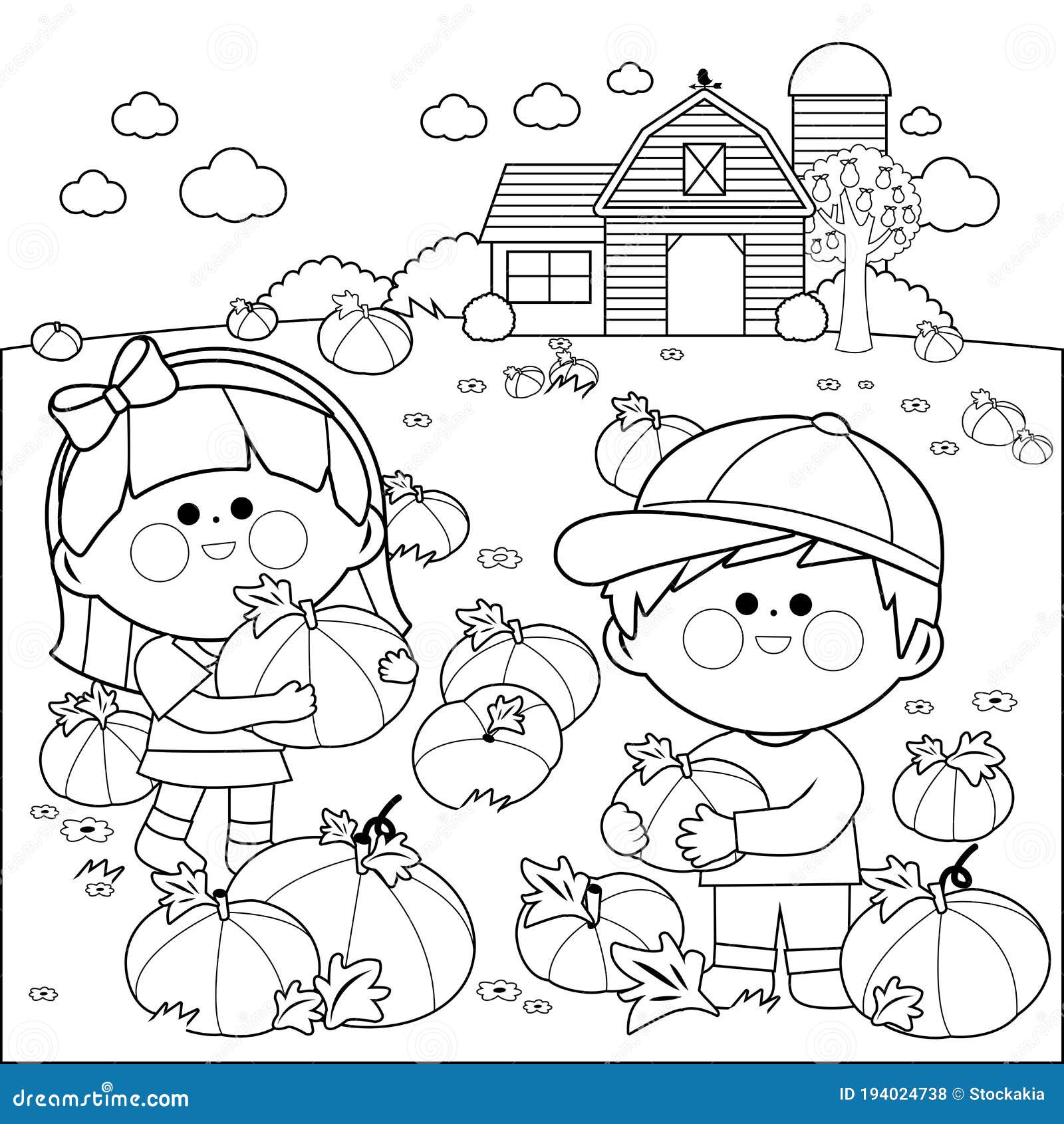 Children at the pumpkin field and farmhouse vector black and white coloring page stock vector