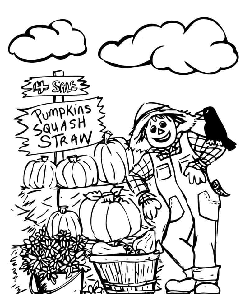 Download a man with a pumpkin in front of a farm stand coloring page