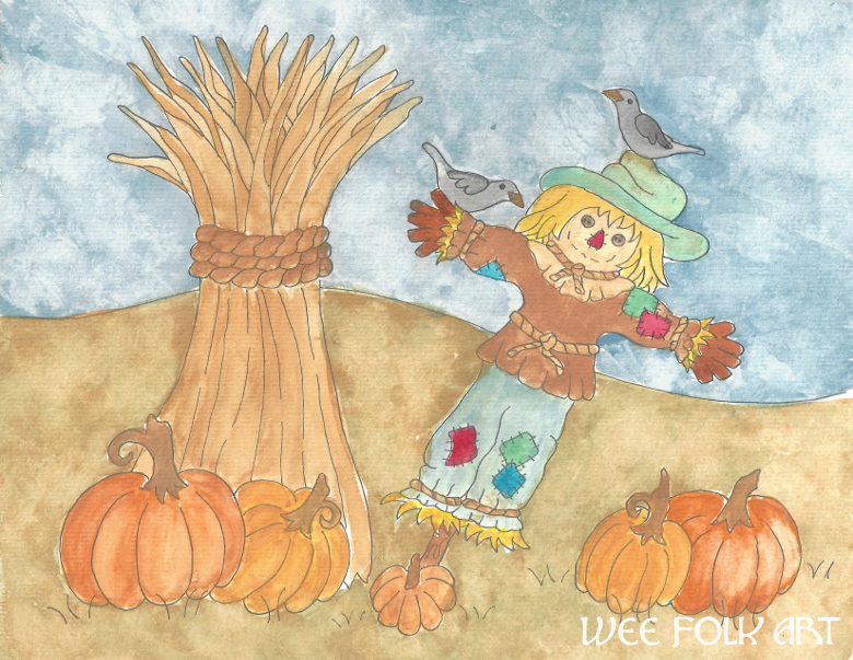 Pumpkin patch scarecrow coloring page â wee folk art