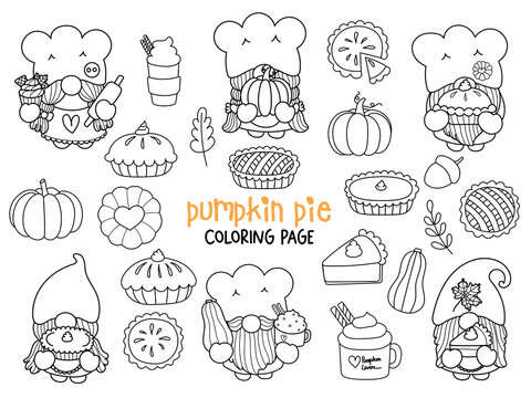 Pumpkin pie gnomes doodle pumpkin pie gnome coloring page happy fall vector