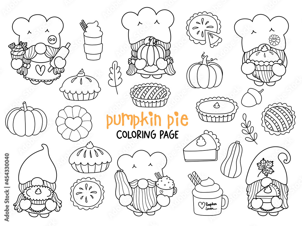 Pumpkin pie gnomes doodle pumpkin pie gnome coloring page happy fall vector