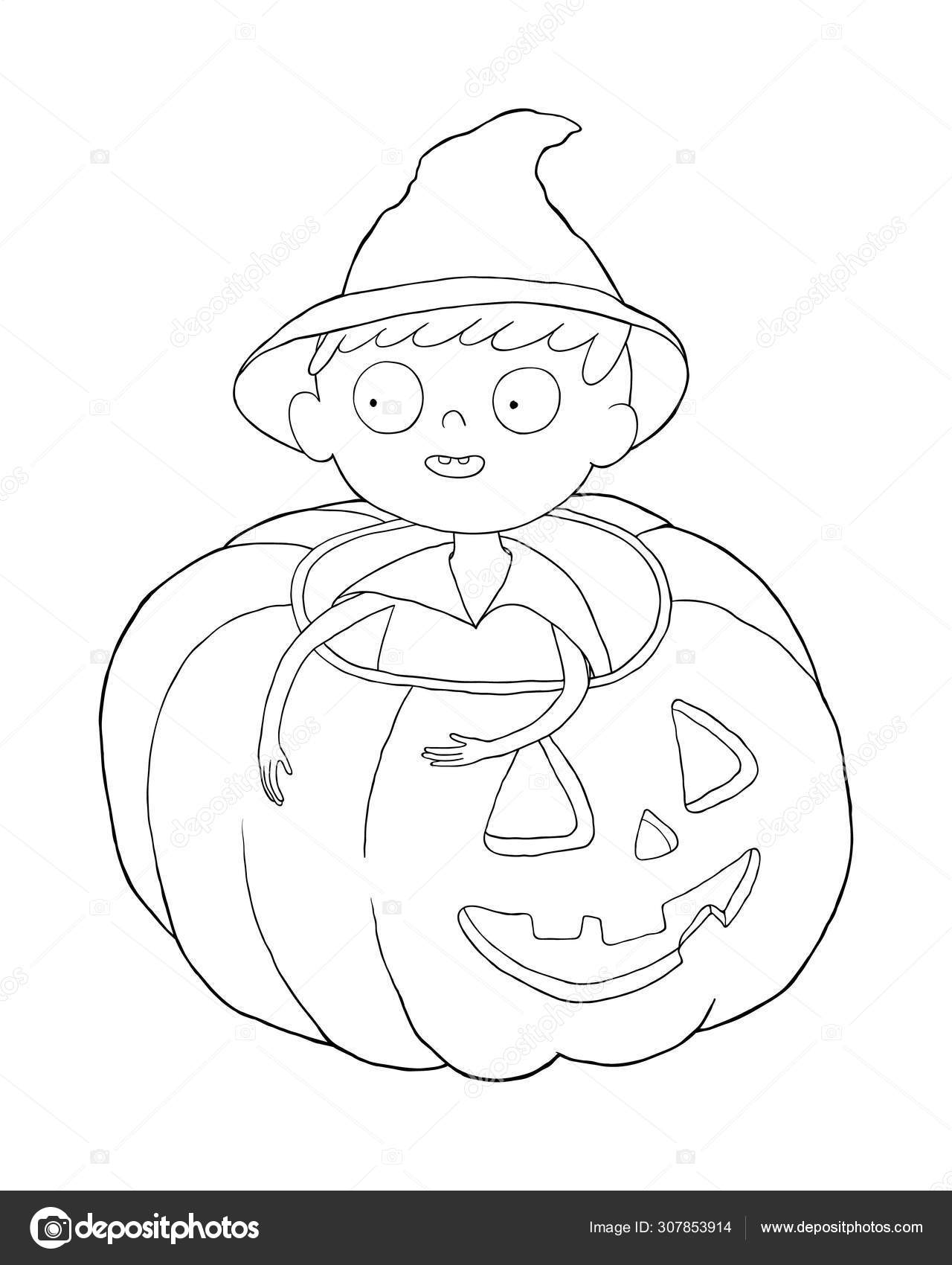 Coloring page with cartoon little boy in pumpkin halloween illustration stock vector by inshna
