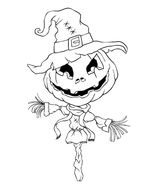 Premium vector pumpkin scarecrow in a witch hat coloring page