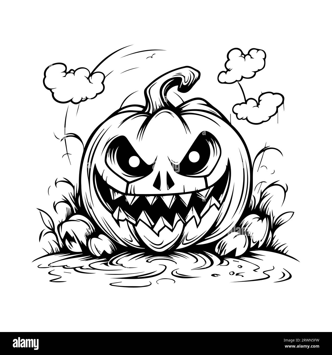 Evil pumpkin line art for coloring book page black and white for print vector stock vector image art