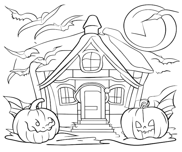 Premium vector scary pumpkin house coloring page