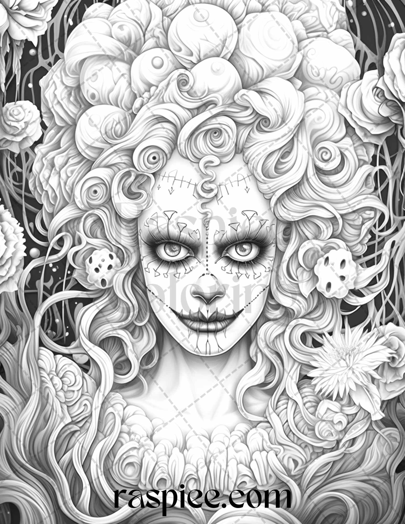 Scary clown girls grayscale coloring pages printable for adults pd â coloring
