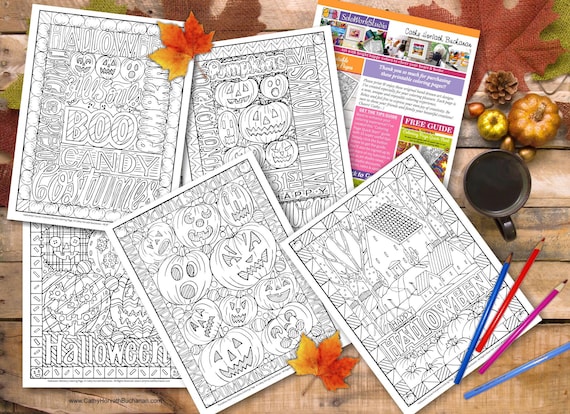 Halloween art coloring pages pack fall pumpkin pattern coloring book pdf download printable digital illustration artwork