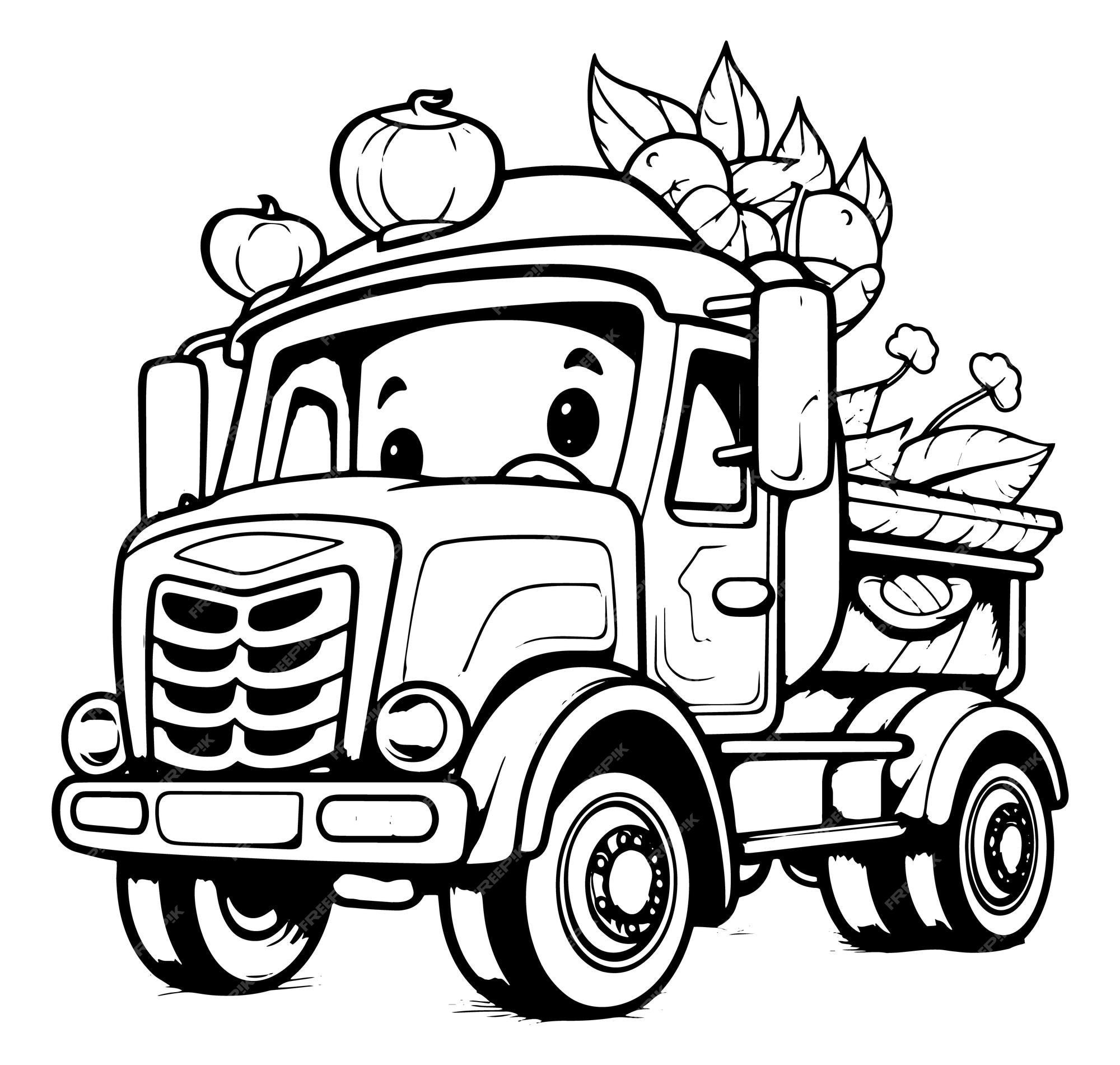 Premium vector coloring book illustration young pumpkin truck kawaii coloring page