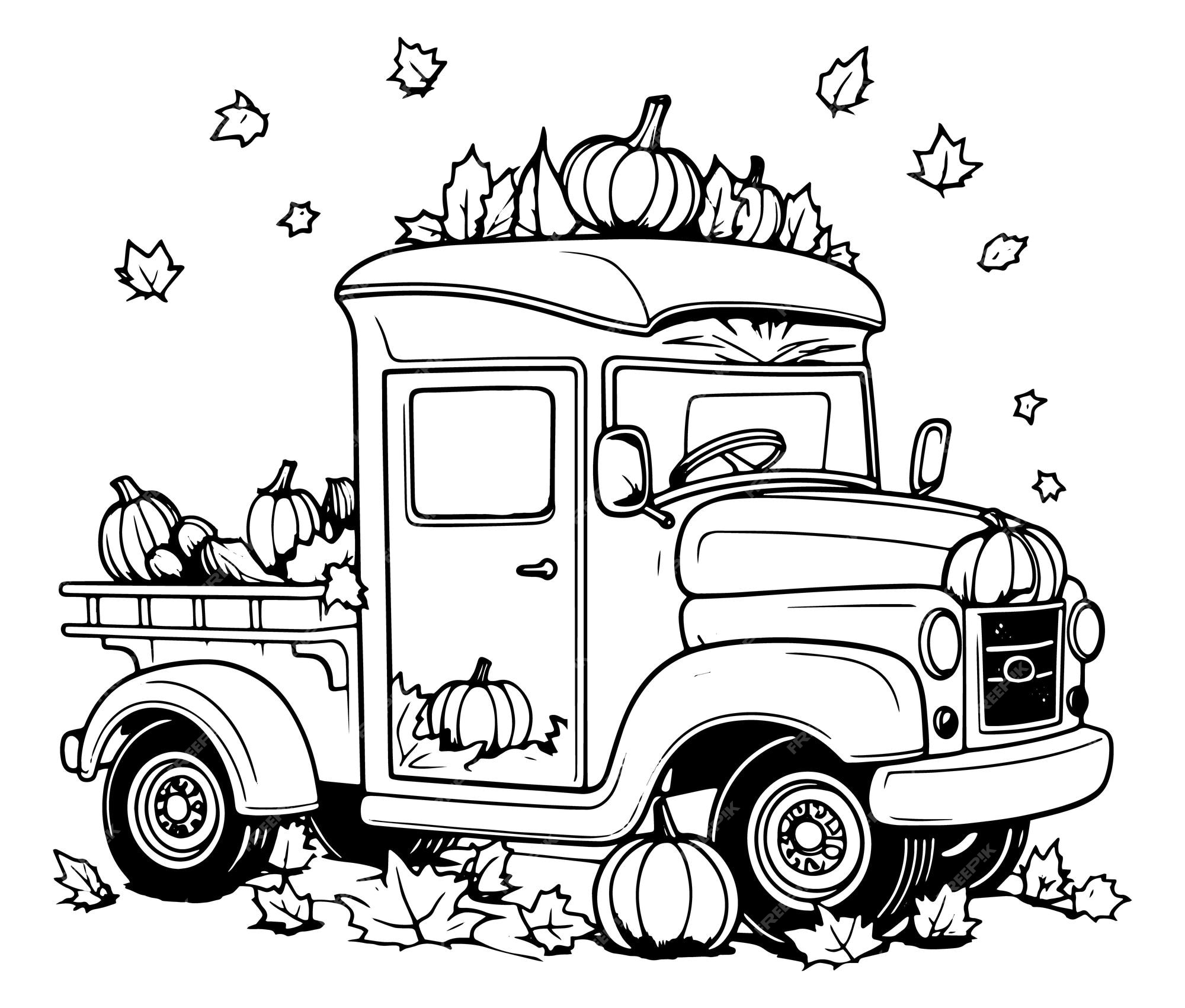 Premium vector coloring book illustration young pumpkin truck kawaii coloring page