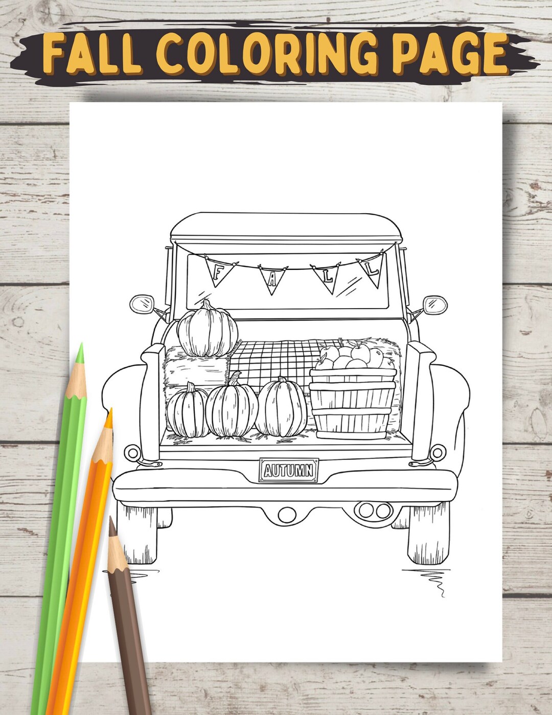 Fall coloring page pickup truck carrying pumpkins farm truck autumn harvest digital download