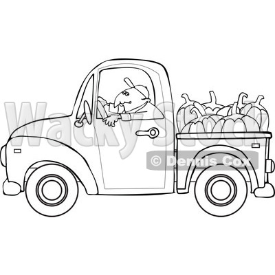 Cartoon of an outlined farmer driving a truck with pumpkins in the bed