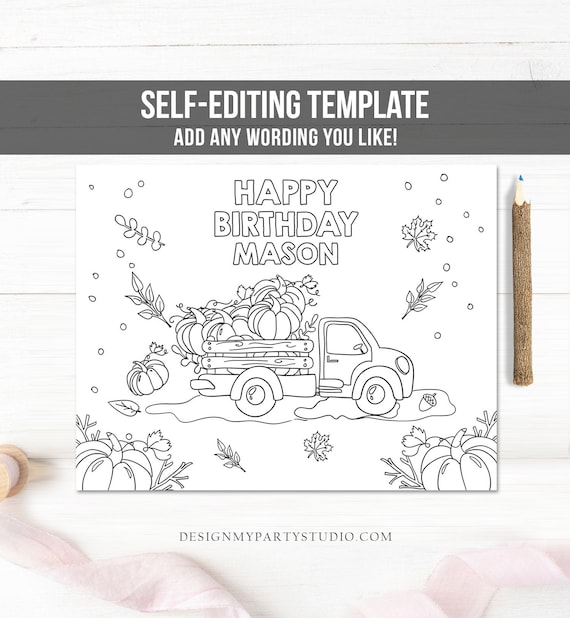 Editable coloring page pumpkin truck birthday party activity game pumpkin birthday fall autumn party instant download printable corjl