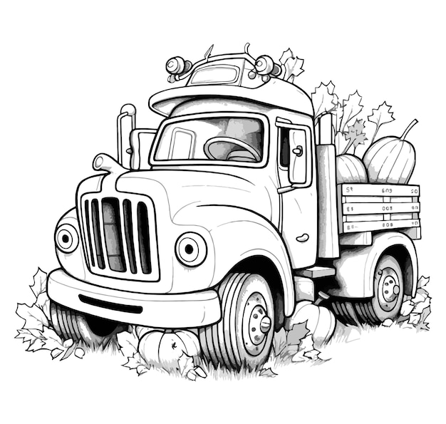 Premium vector coloring book illustration young pumpkin truck kawaii coloring page