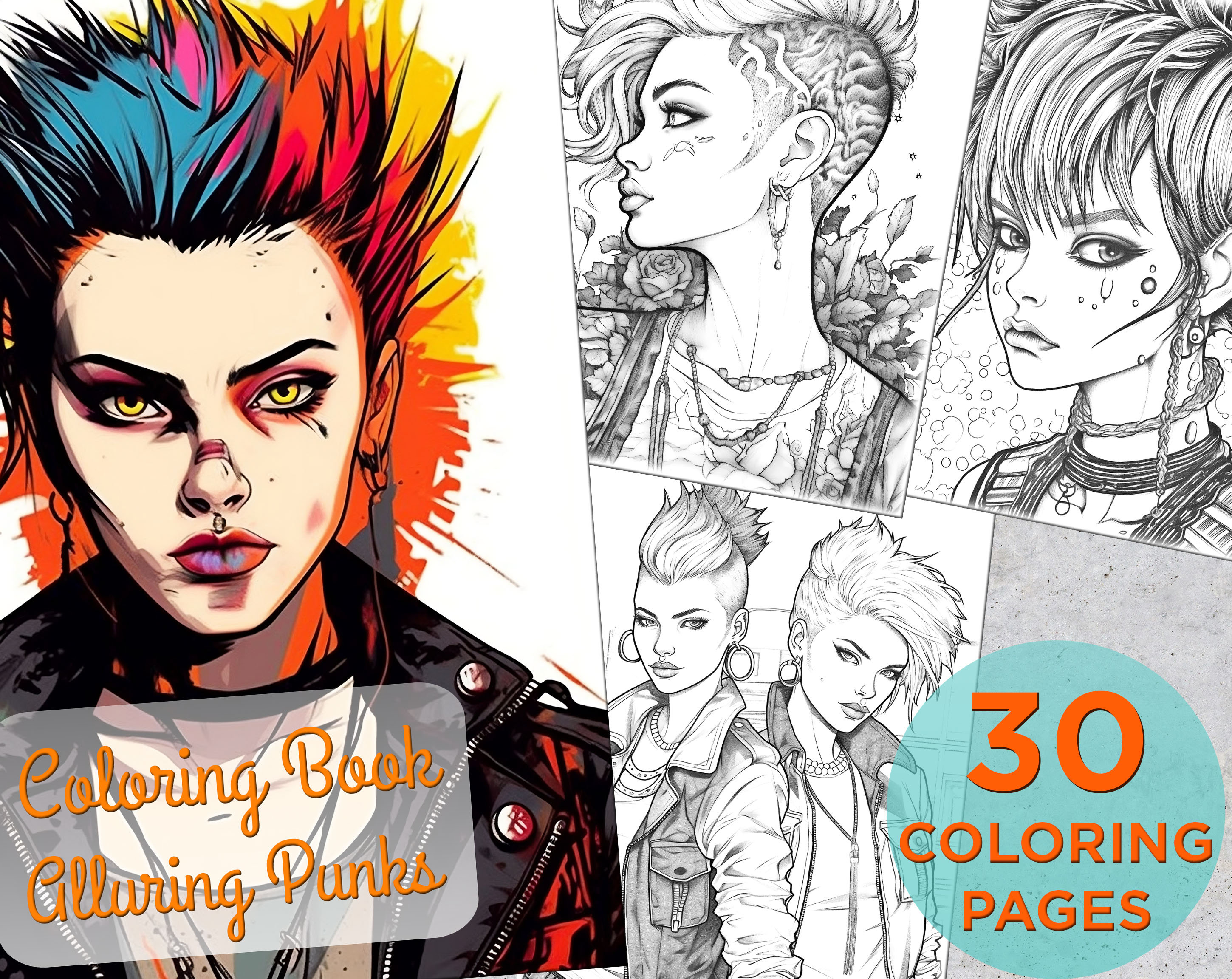 Punk girls coloring pages punk girls adults printable grayscale coloring book beautiful punk girls digital coloring book pages