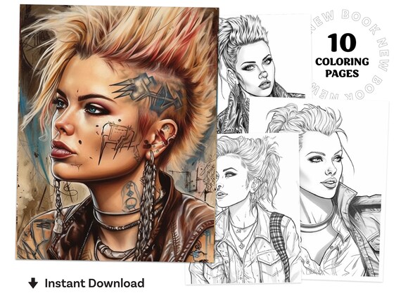 Cute punk rock girls coloring book printable coloring page for adult coloring book digital download grayscale coloring page instant download
