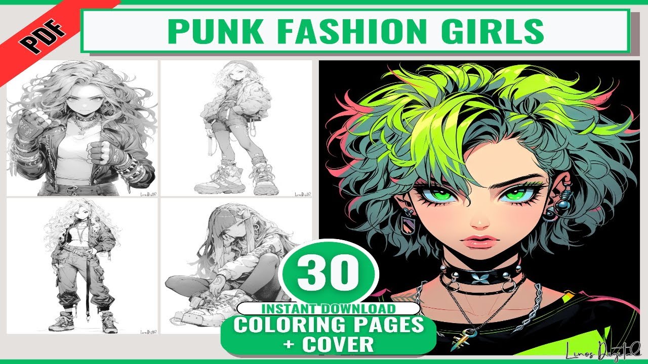 Anime punk girls adult coloring book punk fashion coloring pages printable pdf jpg grayscale
