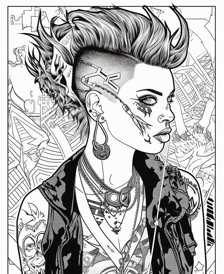 Punk rock beauty a coloring page of a girl with a striking appearance adult coloring designs coloring pages halloween coloring book