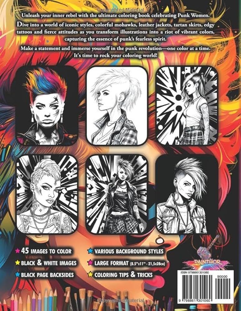 Punk women coloring book for adults teens unleash your inner rebel on large print coloring pages celebrating fearless punk rock girls their mohawks tartan skirts and edgy tattoos