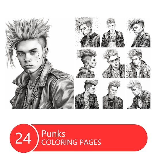 Punks coloring book for adults and kids grayscale coloring pages instant download printable pdf file