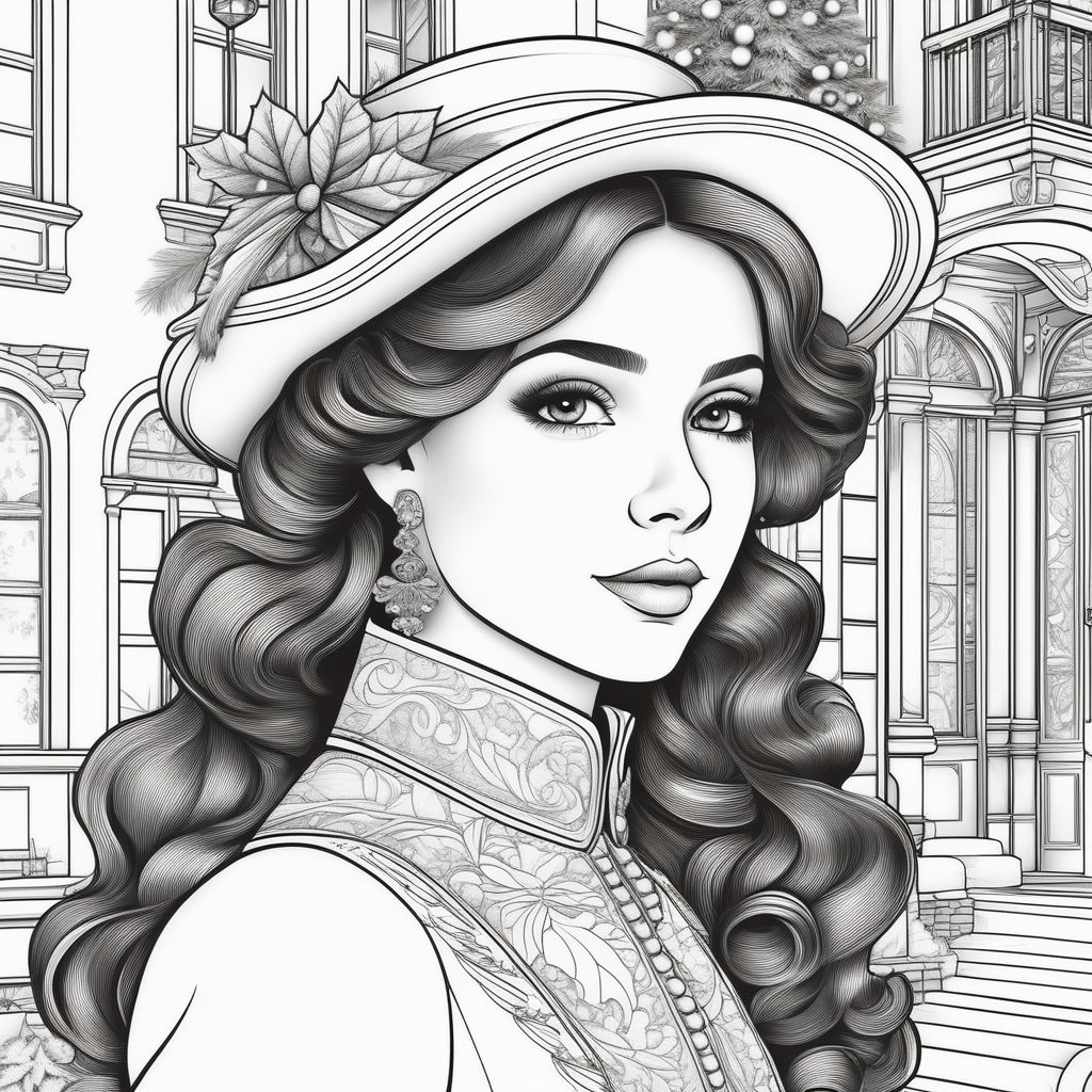 Greyscale steam punk young woman playing a piano coloring book page