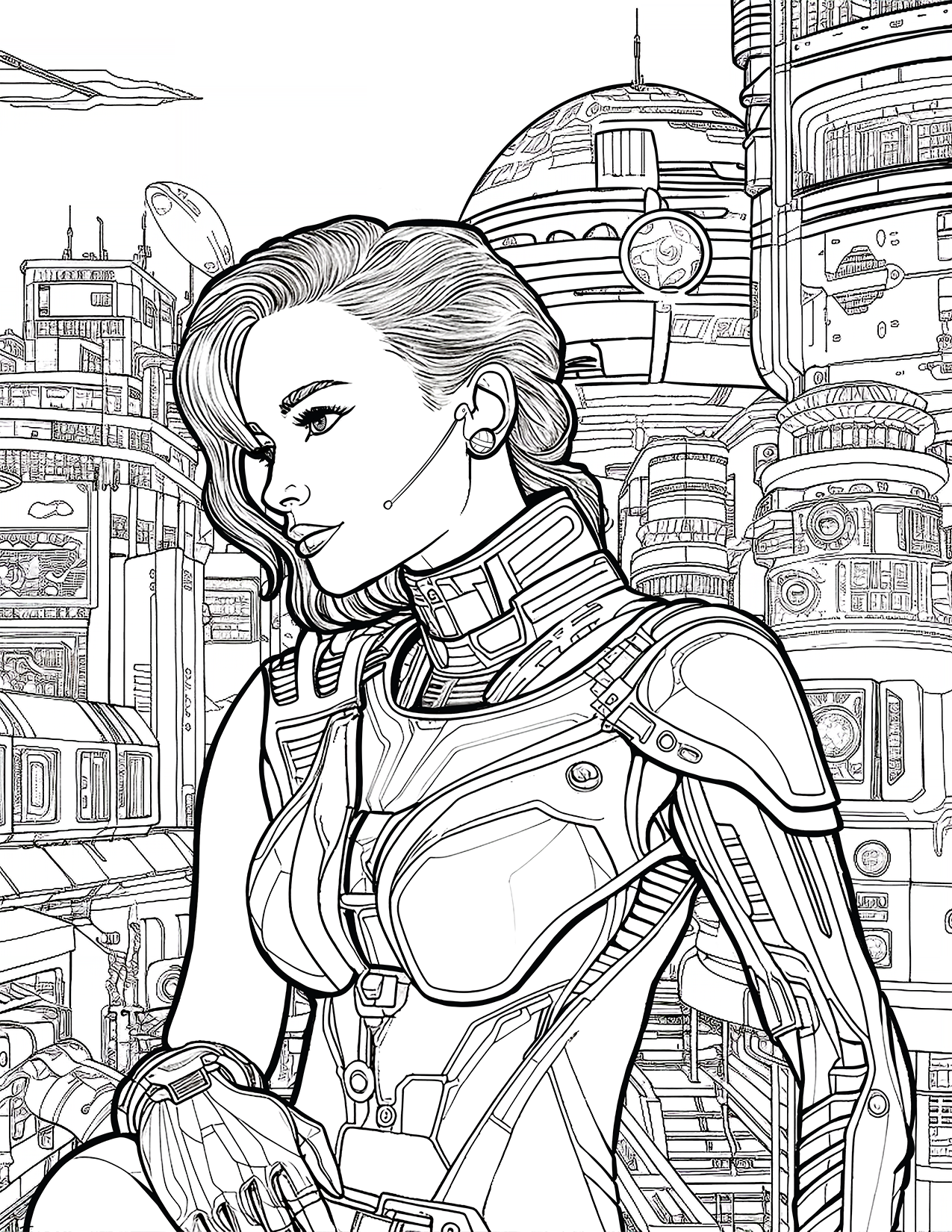 Free coloring book page for adults cyberpunk woman in futuristic city line art artwork inked â chris nelson
