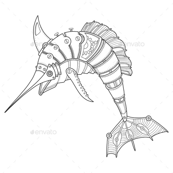 Steam punk style swordfish coloring book vectors