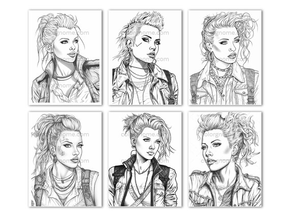 Cute punk rock girls coloring book printable coloring page for adult coloring book digital download grayscale coloring page instant download
