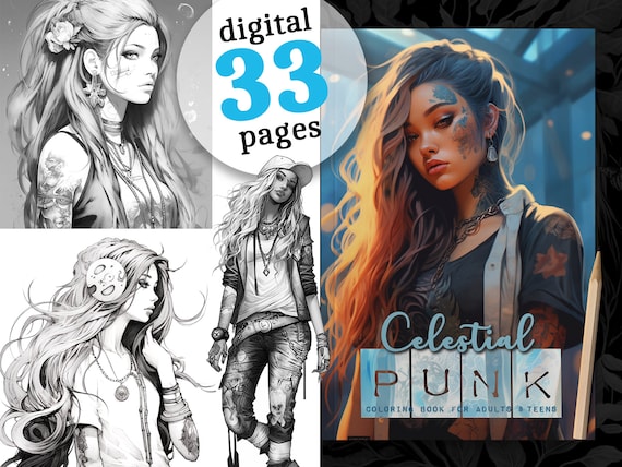Celestial punk coloring book for adults teenagers printable anime coloring book printable punk girls coloring pages digital grayscale