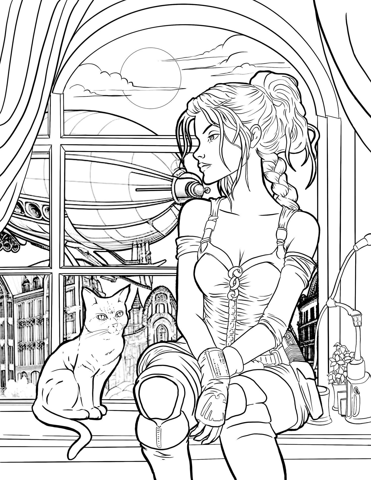 Free downloadable illustration for adult coloring books steam punk sitting by the window with cat â one a day if i remember to post rcoloringpages
