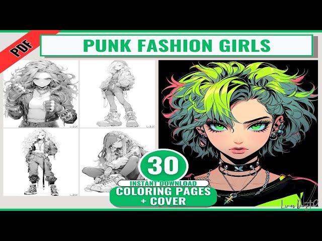 Anime punk girls adult coloring book punk fashion coloring pages printable pdf jpg grayscale