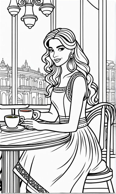 Greyscale steam punk young woman playing a piano coloring book page