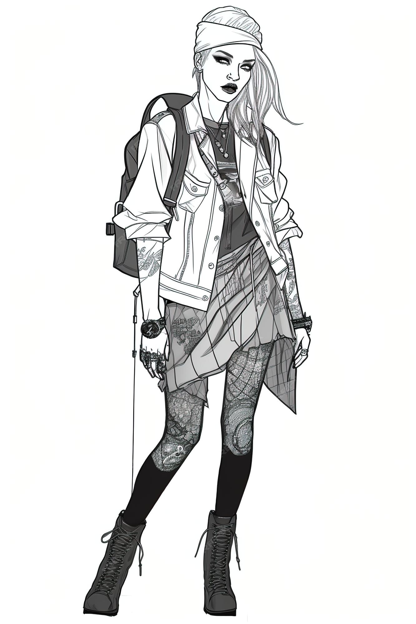 Premium vector punk inspired outfit fashion illustration high fashion coloring book page fine line