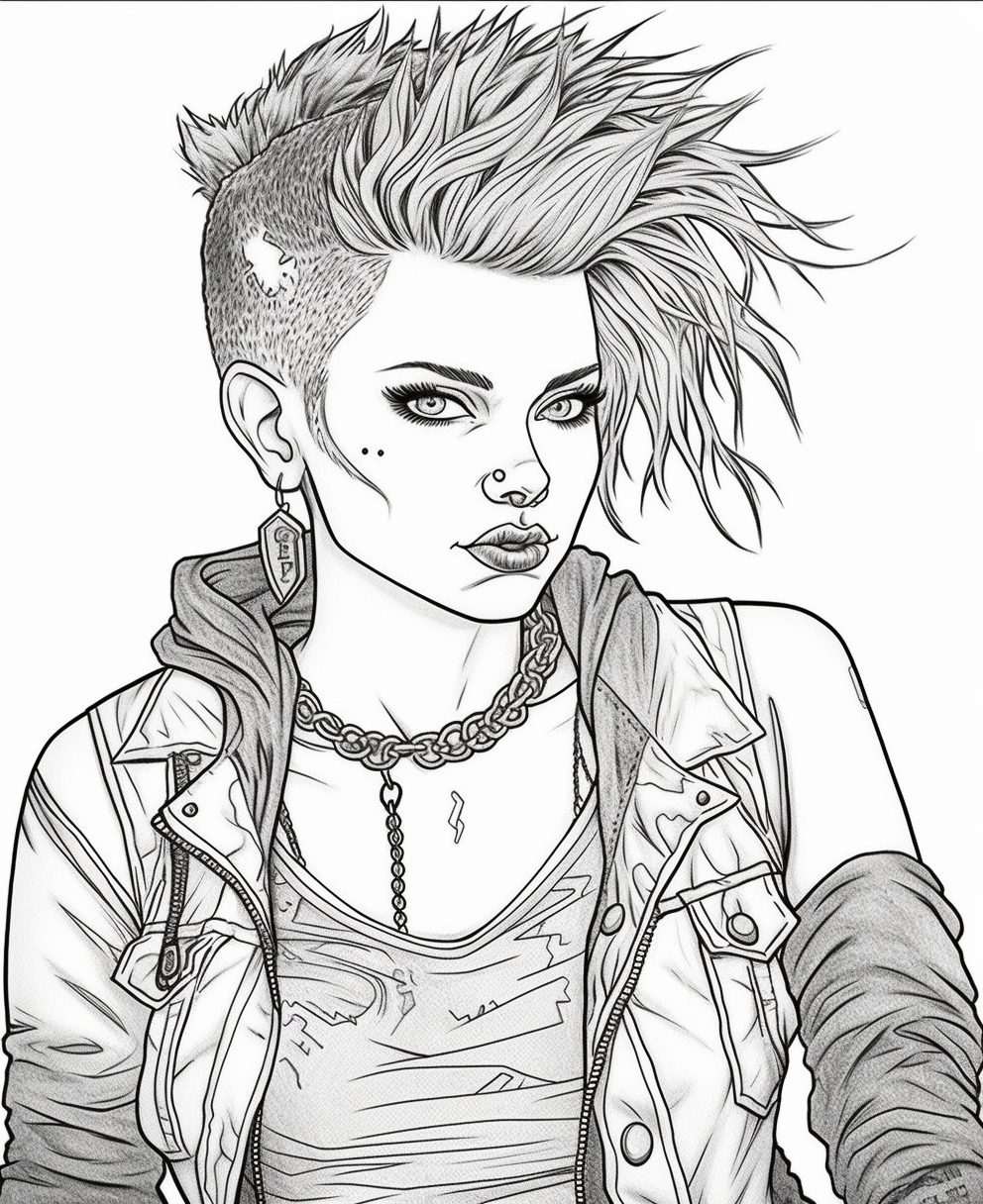 Anarchy and art a coloring page of a punk girl with tattoos punk girl drawing concept art drawing grayscale coloring