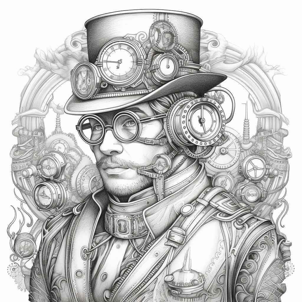 Midjourney prompt steam punk coloring page