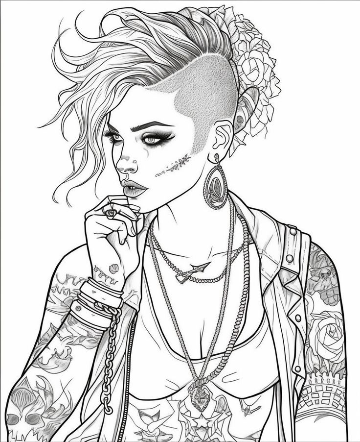 Punked out a coloring page of a girl with a rock and roll spirit steampunk coloring coloring book art cool coloring pages