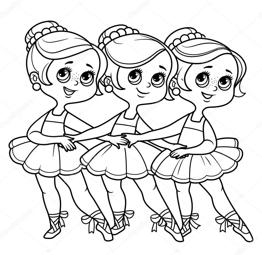 Tres bailarinas dibujos animados bailando danza cisnes delineados para colorear vector de stock de yadviga