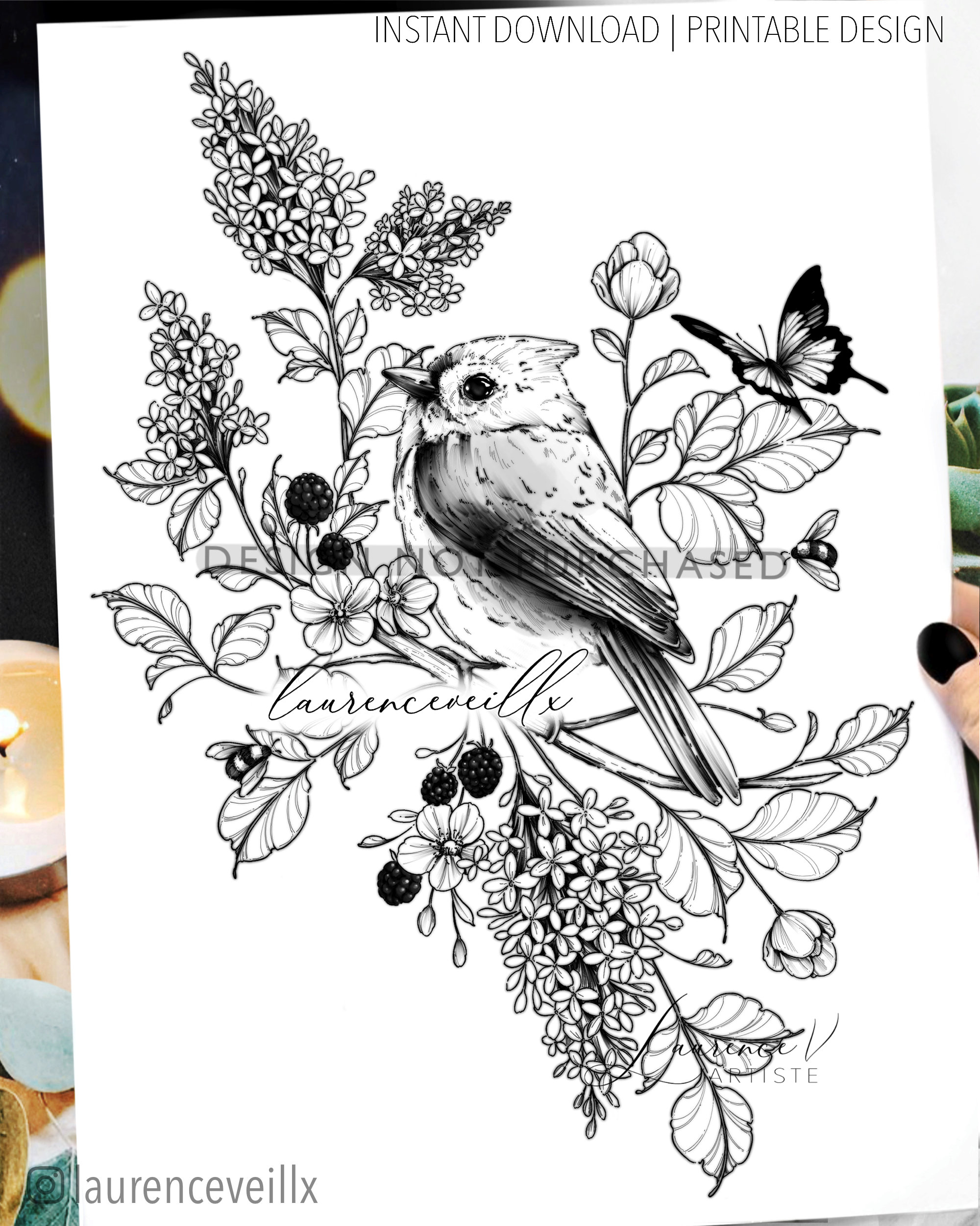 Diseão de tatuajes descarga instantãnea pãjaro lila y abejas plantilla de tatuajes
