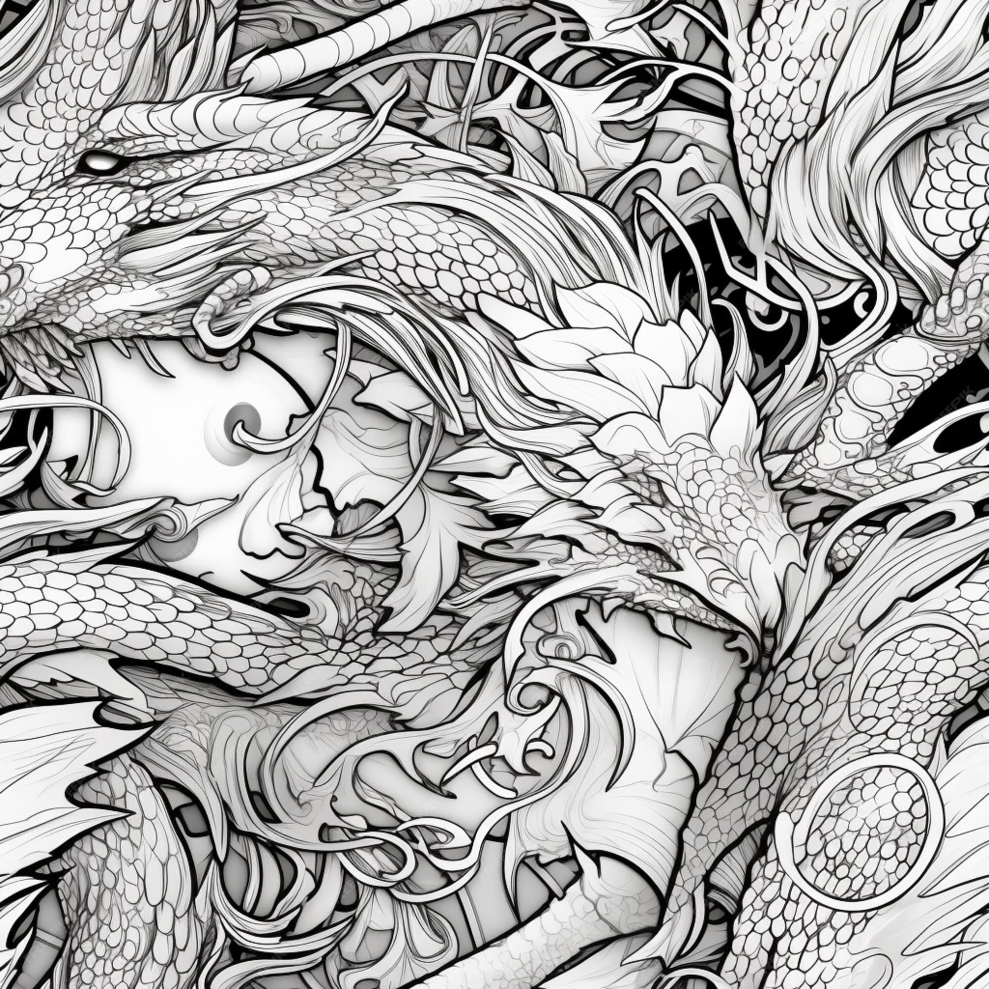 Un dibujo de una mujer y un dragãn con un dragãn en la palda ai generativo foto premium