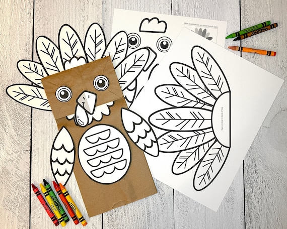 Printable turkey puppet coloring activity fun kids craft for thanksgiving paper lunch sack puppet brown paper bag thanksgiving puppet
