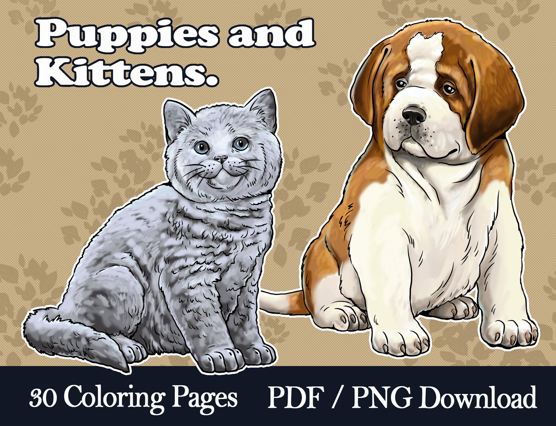 Puppies and kittens coloring pages with cute baby animals to color in printable pdf and png download instant download