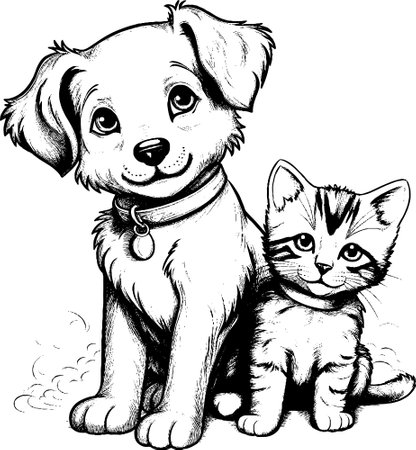 Cute cat and dog doodle black and white outline stock vector illustration and royalty free cute cat and dog doodle black and white outline clipart