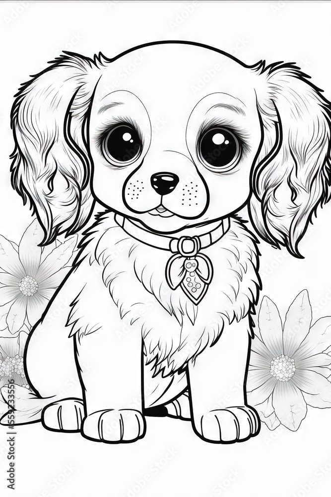 A puppy with big eyes sitting on a flower coloring page for kids and adults to