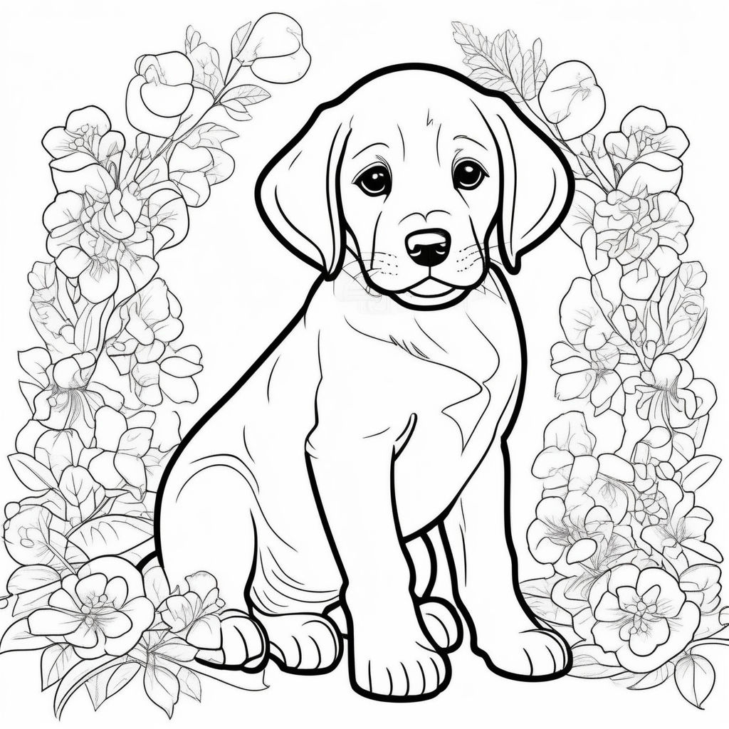 Black and white coloring book outline drawing of a puppy