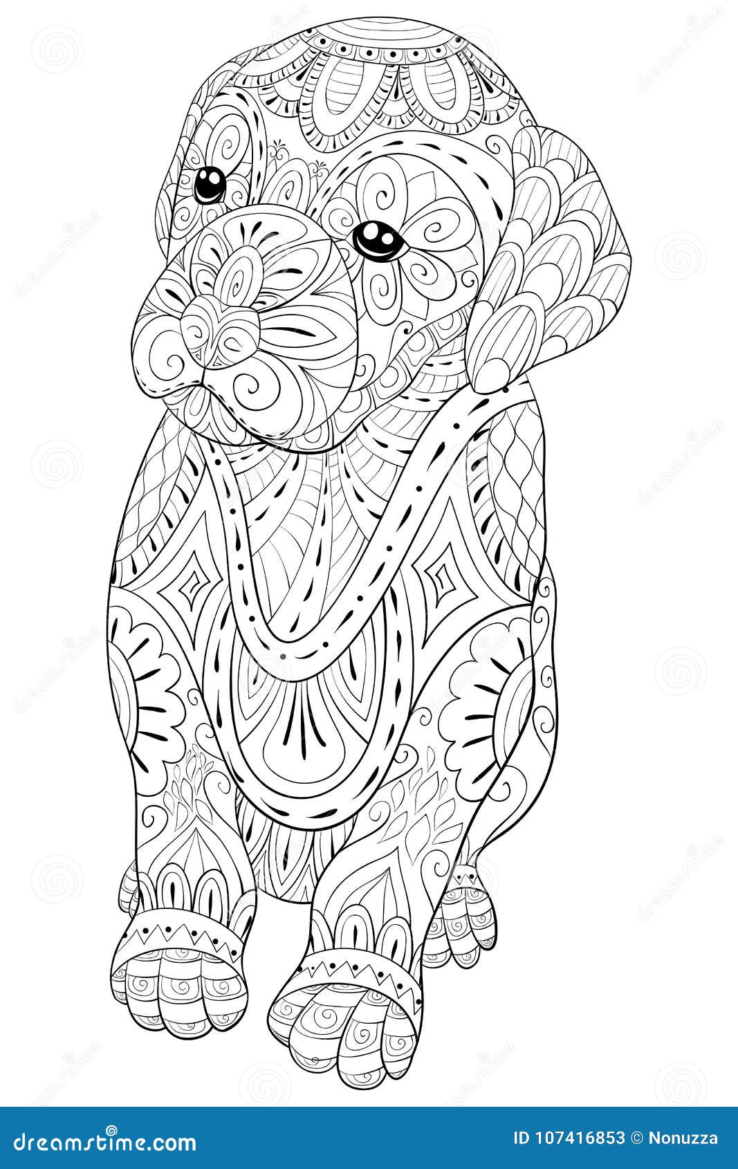 Adult coloring page a cute little isolated dog for relaxingzen art style illustration stock vector