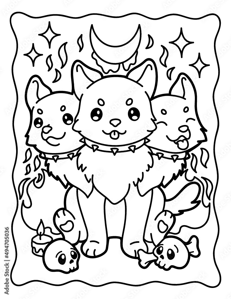 Vettoriale halloween coloring page dog with heads horror stories witch animals black and white illustration