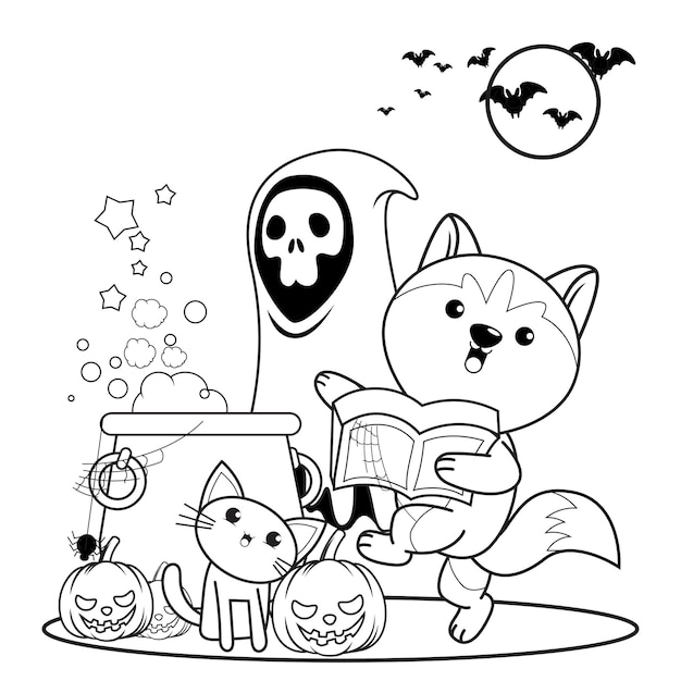 Premium vector halloween coloring book cute little girl witch