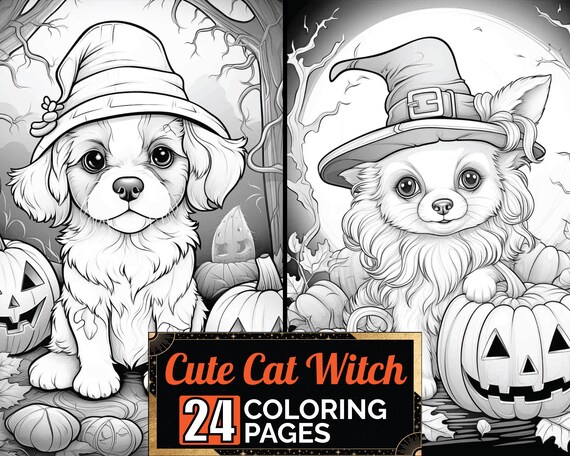 Cute dog witch coloring book greyscale illustration adult kids halloween colouring page a size sheet printable digital pdf download download now