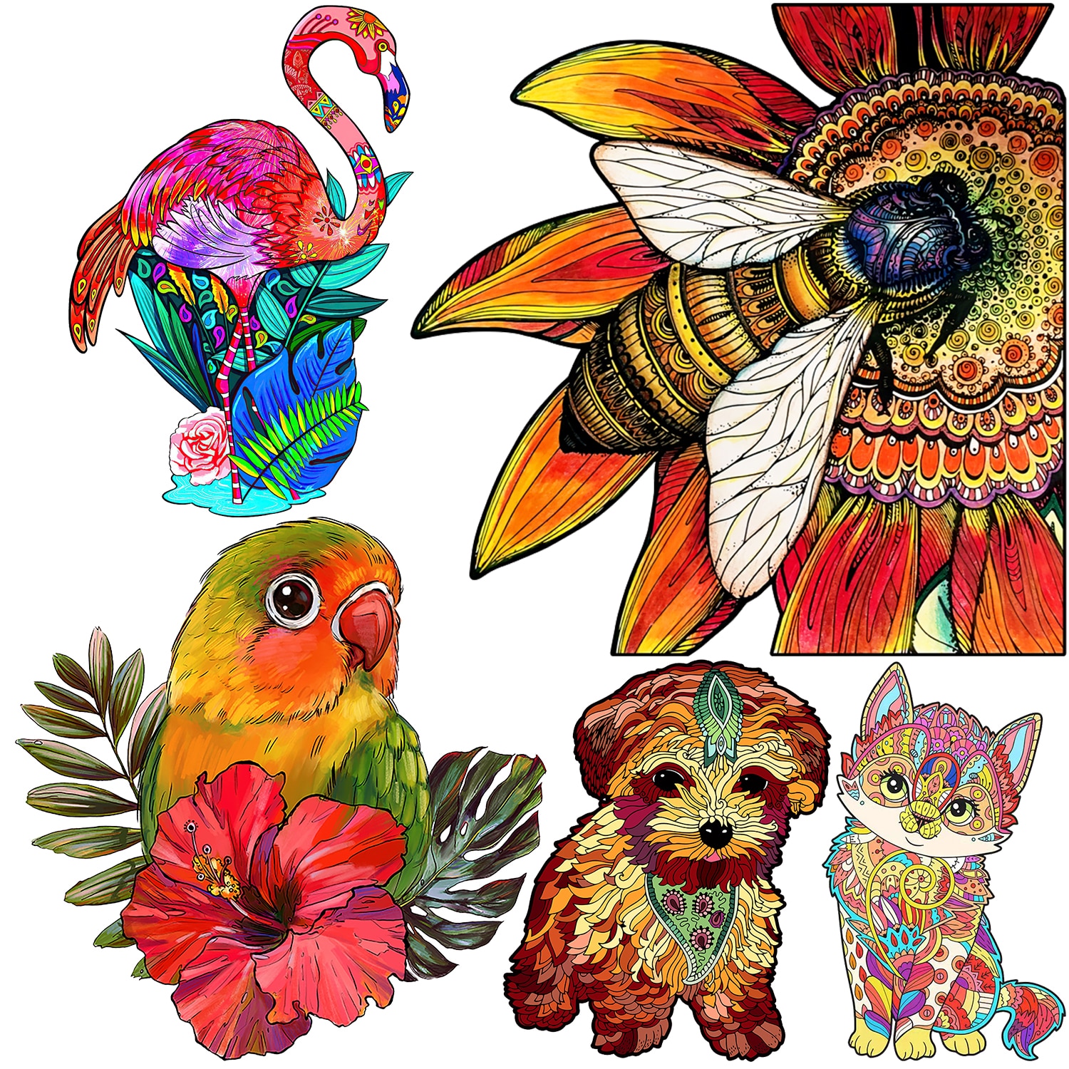 Enior wooden animal jigaw puzzle beautiful bee puppy puzzle game irregular hape monteori toy for adult kid